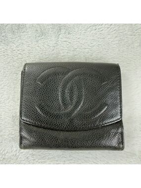Chanel CC Logo Grained Calfskin Leather Bifold Black Wallet Embroidered